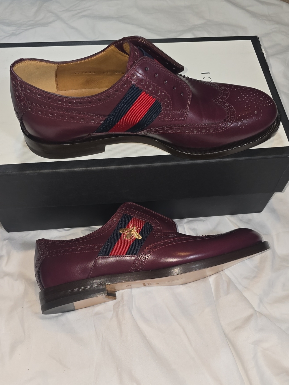 Gucci Calfskin Web Bee Slip-On Brogue Wingtip Oxfords